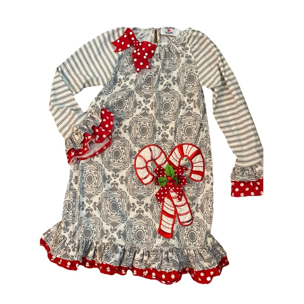 Counting Daisies dress Sz 8 Girls Gray Red Christmas‎ candy canes